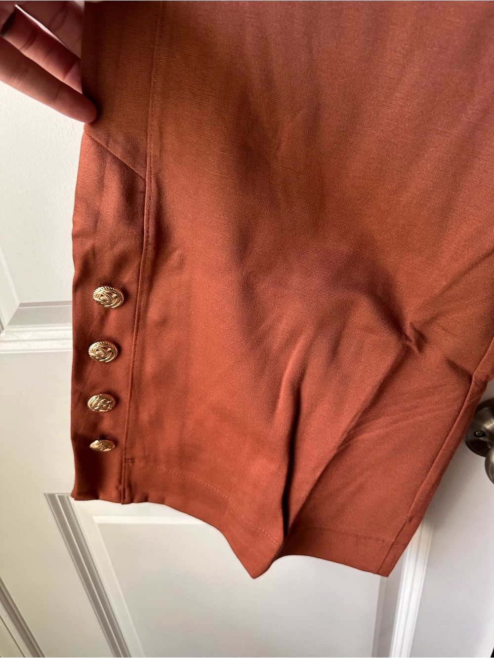 Dear Scarlett Boot-Cut Pants in Rust with Hem Button Detail - Picture 5 of 9
